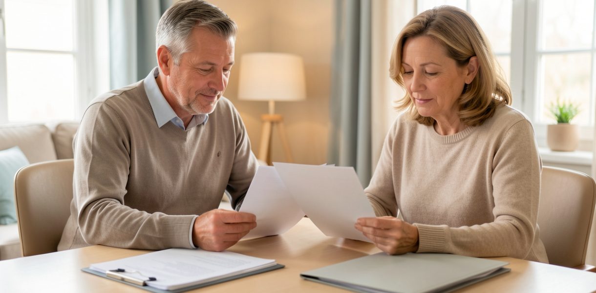 Un homme et une femme consultent des documents vierges de remboursement santé sur une table lumineuse, dans une ambiance sobre et rassurante.