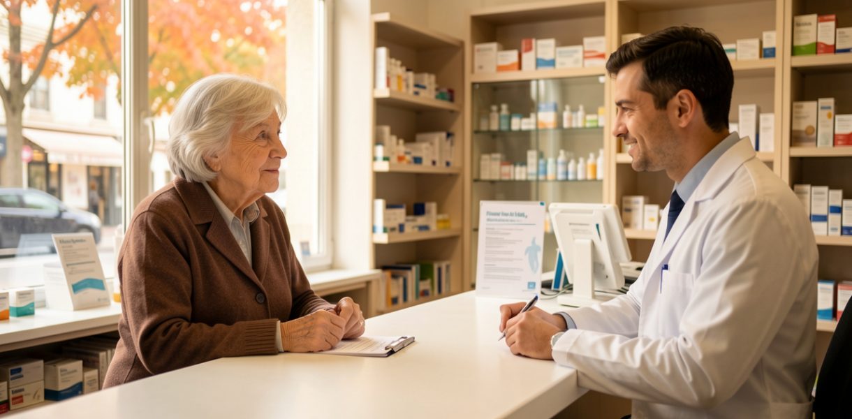 Une femme âgée échange calmement avec un pharmacien dans une pharmacie française au décor automnal, au sujet de la vaccination contre la grippe et la Covid-19.