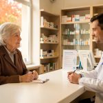 Une femme âgée échange calmement avec un pharmacien dans une pharmacie française au décor automnal, au sujet de la vaccination contre la grippe et la Covid-19.
