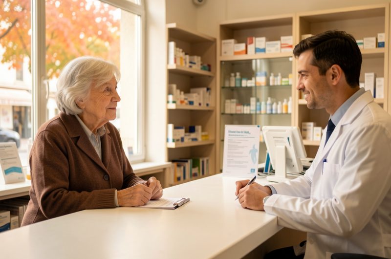 Une femme âgée échange calmement avec un pharmacien dans une pharmacie française au décor automnal, au sujet de la vaccination contre la grippe et la Covid-19.
