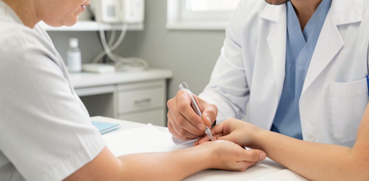 Illustration médicale réaliste montrant un professionnel de santé prélevant un échantillon de sang au bras d’une patiente adulte dans un laboratoire moderne.