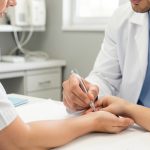 Illustration médicale réaliste montrant un professionnel de santé prélevant un échantillon de sang au bras d’une patiente adulte dans un laboratoire moderne.